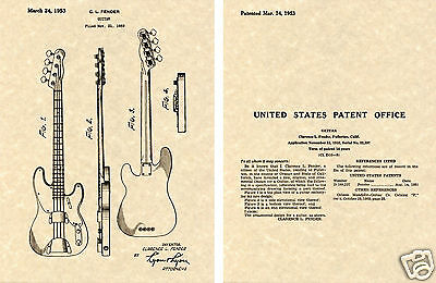 Fender Pbass Patent Art Print Ready To Frame!!!! 1953 Clarence Precision Bass