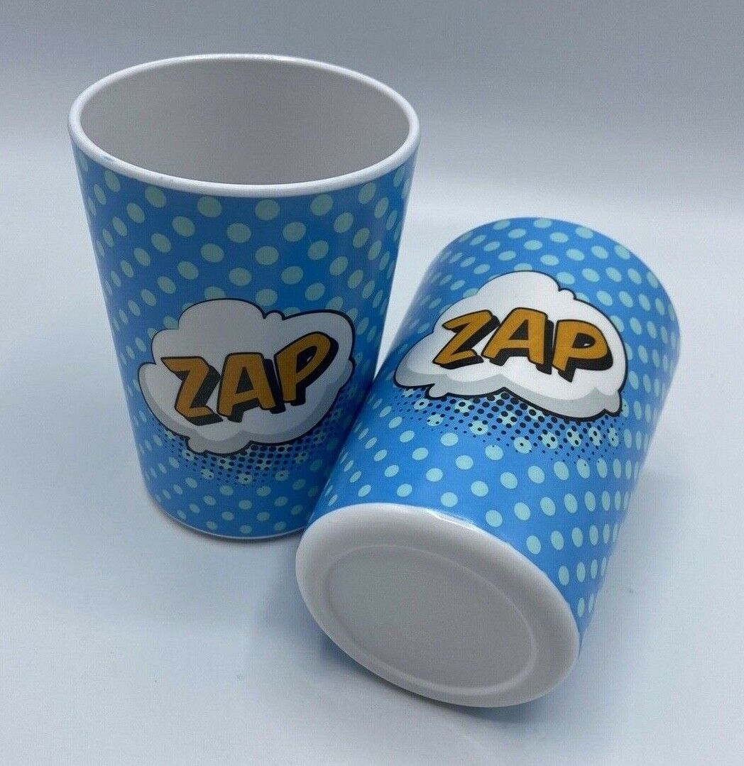 Melamine Zap Logo Cup Bpa Free Dishwasher Safe 11oz Blue Polka Dot 2 Pack New